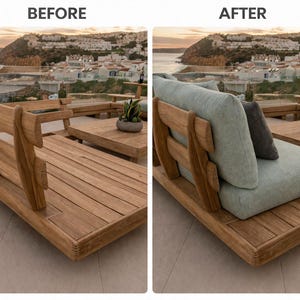 May include: A split-view comparison showing a wooden outdoor daybed frame labeled BEFORE and the same daybed with light green seat cushions and a dark gray throw pillow labeled AFTER, positioned on a patio overlooking a coastal town.