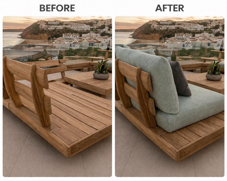 May include: A split-view comparison showing a wooden outdoor daybed frame labeled BEFORE and the same daybed with light green seat cushions and a dark gray throw pillow labeled AFTER, positioned on a patio overlooking a coastal town.