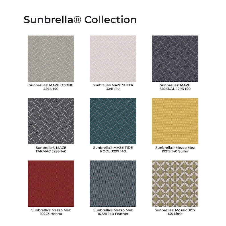May include: A Sunbrella Collection display featuring nine fabric swatches. Eight squares show a diamond-patterned texture in gray, light pink, dark blue, charcoal, teal, red, and blue. One square displays a geometric lime green and white pattern.