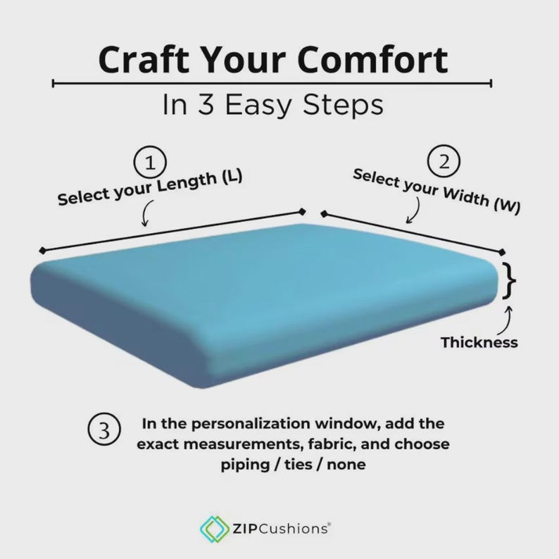 May include: A light blue cushion with rounded edges, presented with a diagram. The diagram shows how to customize the cushion by selecting length, width, and thickness. Text reads "Craft Your Comfort In 3 Easy Steps" and "ZIPCushions".