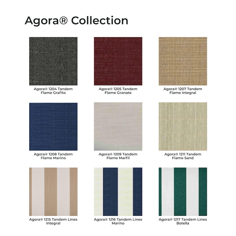 May include: The Agora Collection display features nine fabric swatches in a grid. Colors include dark gray, deep red, tan, navy blue, light gray, beige, and three striped patterns in tan/white, navy/white, and dark green/white with labels.