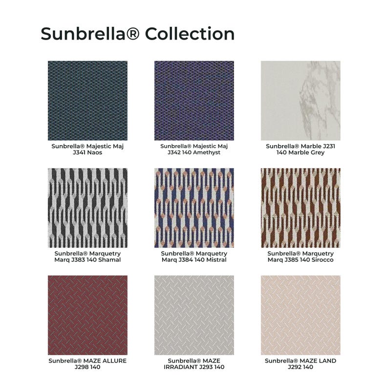 May include: A Sunbrella Collection display featuring nine fabric swatches. Patterns include solid textures, a marble print, geometric zig-zag designs in black, blue, and brown, and a diamond-patterned weave in maroon, light gray, and beige.