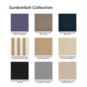 May include: A Sunbrella Collection display featuring nine fabric swatches in various patterns and colors, including midnight blue, taupe stripes, navy pinstripes, beige stripes, solid ash, solid papyrus, solid charcoal, silver, and sand.