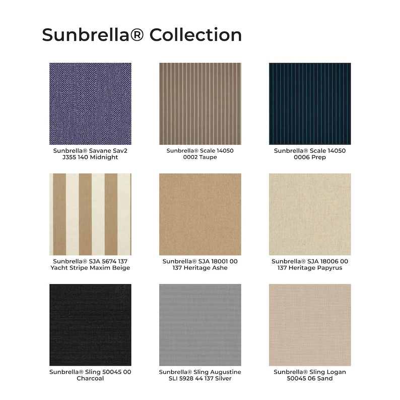 May include: A Sunbrella Collection display featuring nine fabric swatches in various patterns and colors, including midnight blue, taupe stripes, navy pinstripes, beige stripes, solid ash, solid papyrus, solid charcoal, silver, and sand.
