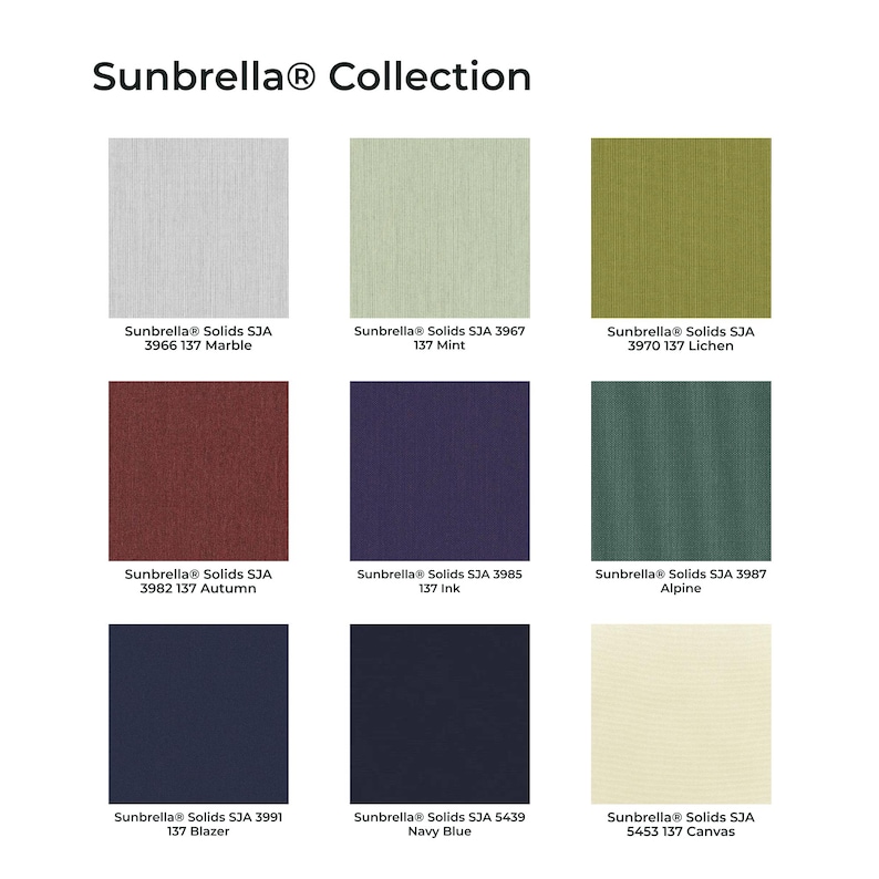 May include: A Sunbrella Collection grid displaying nine fabric swatches in various solid colors: Marble, Mint, Lichen, Autumn, Ink, Alpine, Blazer, Navy Blue, and Canvas. Each square includes its specific product name and identification number.