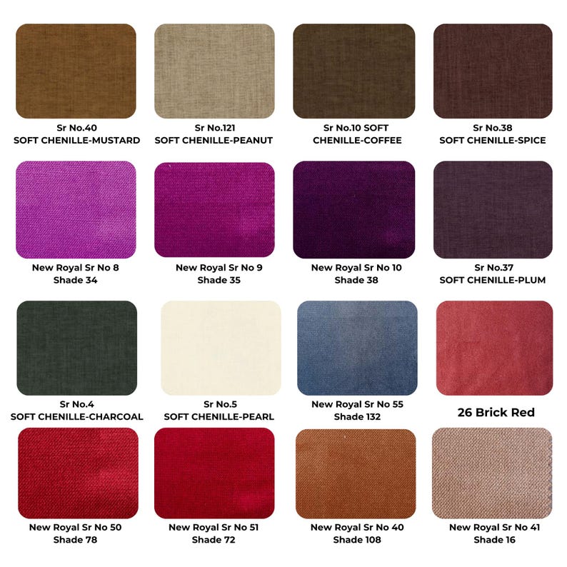 Set of 16 fabric swatches, including soft-touch, velvet, and durable fabrics, perfect for customizing cushions, sofas, and seating.