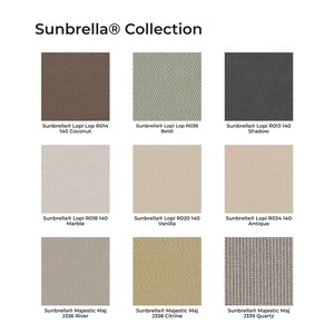 May include: A Sunbrella Collection fabric swatch grid featuring nine square samples in various neutral tones. Colors include Coconut, Beldi, Shadow, Marble, Vanilla, Antique, River, Citrine, and Quartz, each labeled with its specific product name.