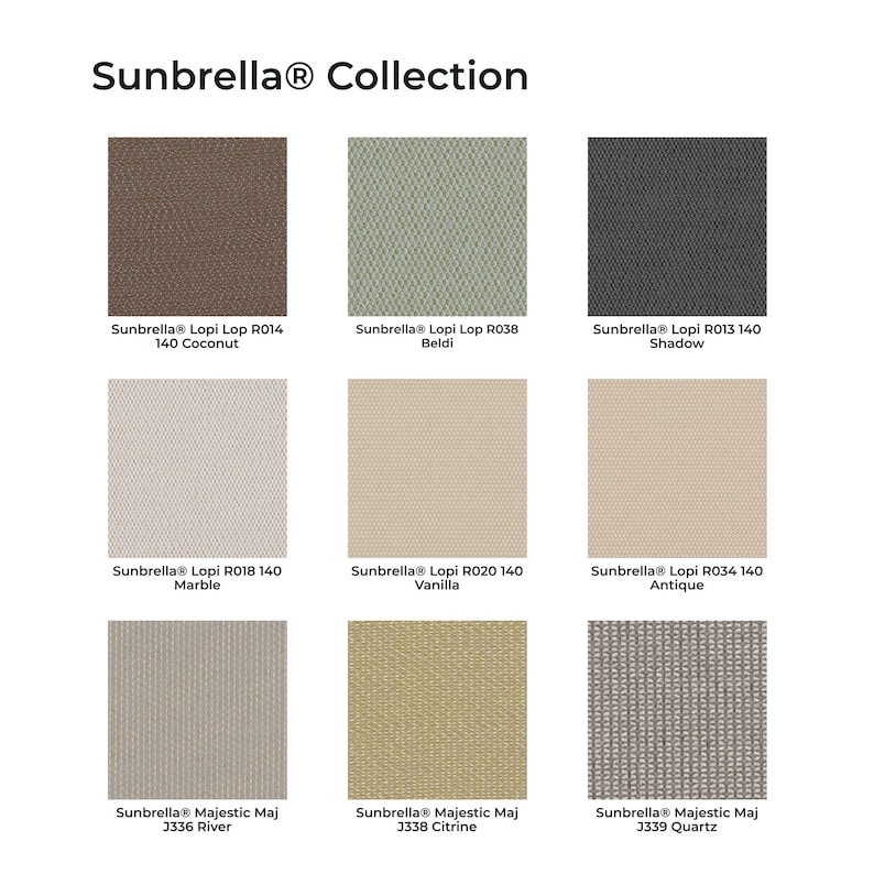 May include: A Sunbrella Collection fabric swatch grid featuring nine square samples in various neutral tones. Colors include Coconut, Beldi, Shadow, Marble, Vanilla, Antique, River, Citrine, and Quartz, each labeled with its specific product name.