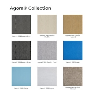 May include: The Agora Collection display features nine fabric swatches in a grid. Colors include Esquire Grey, Marble, Mustard, Onyx, Pearl, Ocean, Glacier, Quartz, and Artisan Mineral. Several swatches show a herringbone pattern, while others display solid or textured finishes with their respective names printed below each square.