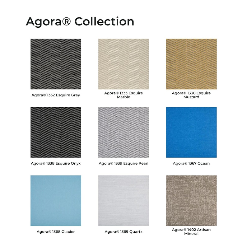 May include: The Agora Collection display features nine fabric swatches in a grid. Colors include Esquire Grey, Marble, Mustard, Onyx, Pearl, Ocean, Glacier, Quartz, and Artisan Mineral. Several swatches show a herringbone pattern, while others display solid or textured finishes with their respective names printed below each square.