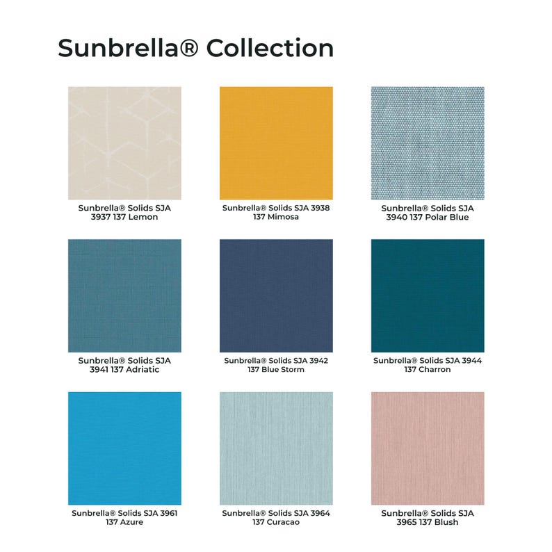 May include: A Sunbrella Collection color chart featuring nine fabric swatches in various shades including cream, yellow, blue, teal, and blush. Each square includes text identifying the specific color name and code, such as Lemon, Mimosa, Polar Blue, Adriatic, Blue Storm, Charron, Azure, Curacao, and Blush.