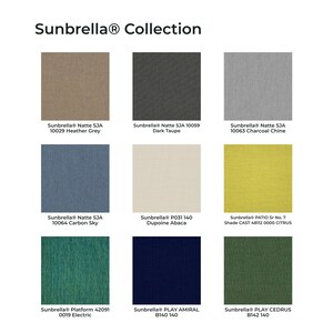 May include: The Sunbrella Collection display features nine fabric swatches in a grid. Colors include heather grey, dark taupe, charcoal chine, carbon sky, dupoine abaca, citrus, electric, amiral, and cedrus, each labeled with its specific product name.