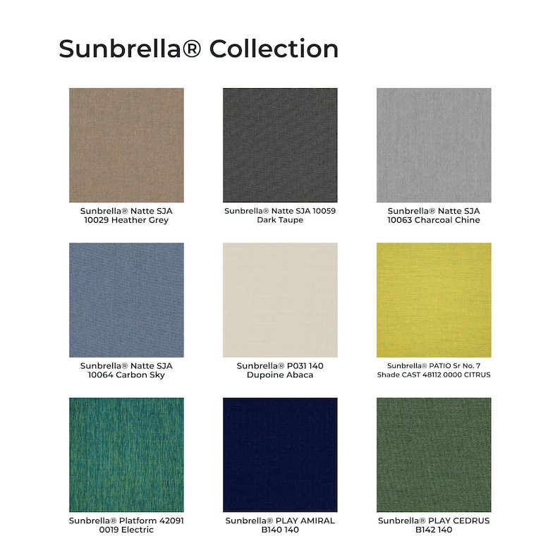 May include: The Sunbrella Collection display features nine fabric swatches in a grid. Colors include heather grey, dark taupe, charcoal chine, carbon sky, dupoine abaca, citrus, electric, amiral, and cedrus, each labeled with its specific product name.
