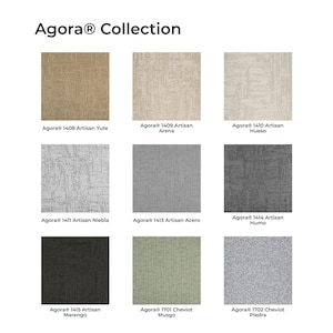 May include: The Agora Collection display features nine square fabric swatches with textured patterns. The colors include tan, beige, off-white, light gray, medium gray, dark gray, black, olive green, and blue-gray, each labeled with its specific name.