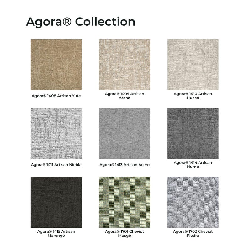 May include: The Agora Collection display features nine square fabric swatches with textured patterns. The colors include tan, beige, off-white, light gray, medium gray, dark gray, black, olive green, and blue-gray, each labeled with its specific name.