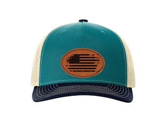 American Flag Leather Patch Hat - Richardson Five-Panel Trucker Cap