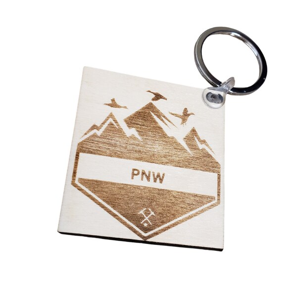 Engraved PNW Mountain Keychain-Custom Wood Keychain-Personalized Key