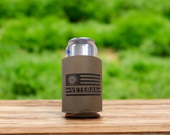 Veteran Flag Can Cooler, Laserable Engraved Leatherette Beverage Holder, Drink Holder Cozie