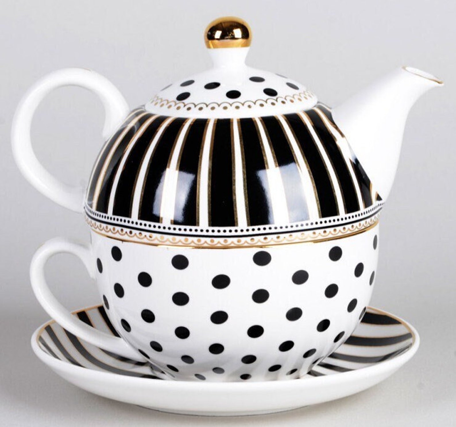 Modern Black Polka Dot Porcelain Teapot for One, Tea Pot With Metallic