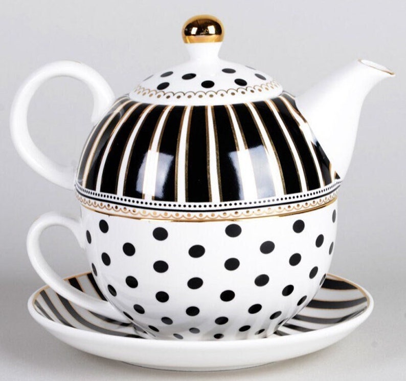 Modern Black Polka Dot Porcelain Teapot for One, Tea Pot With Metallic