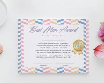 Mother's Day Gift Certificate Template, Best Mom Award Printable Gift for Mother's Day, New Mom Gift from Kids, Print at Home Gifts for Mom