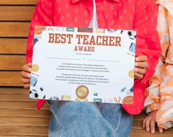 Best Teacher Award for Teacher Appreciation Week, Printable Teacher Thank You Gift, End of Year Certificate Template for Favorite Teacher