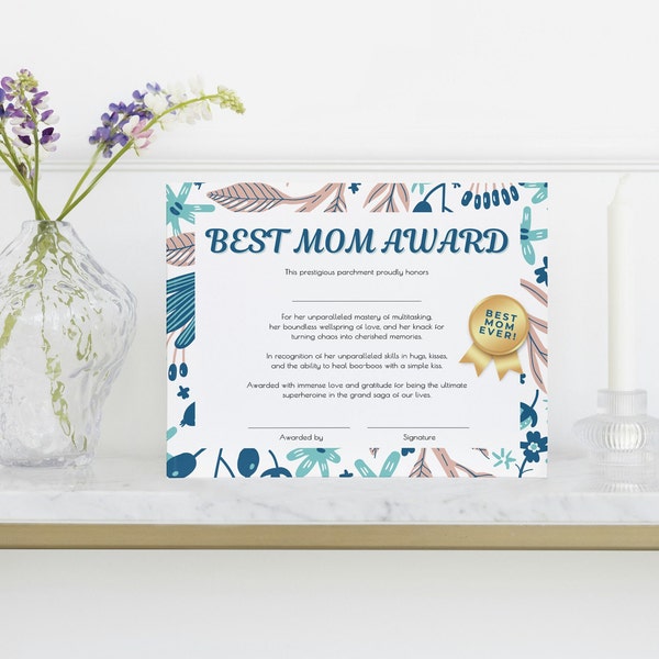 Printable Award Gift for Mom from Kids, Best Mom Award for Mother's Day or Birthday, Do It Yourself Personalized New Mom Gift, Print at Home