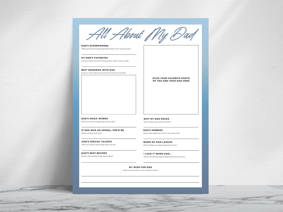 All About Dad Printable Gift for Him, Father's Day Gift, Birthday Gift ...