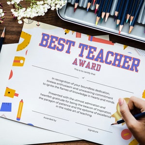 Prêmio para impressão de presente de agradecimento do professor, prêmio de melhor professor para a semana de valorização do professor, nota de agradecimento de final de ano para funcionários da escola, faça você mesmo