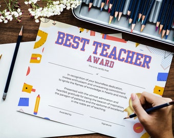 Teacher Thank You Gift Printable Award, Best Teacher Award for Teacher Appreciation Week, End of Year Thank You Note for School Staff, DIY