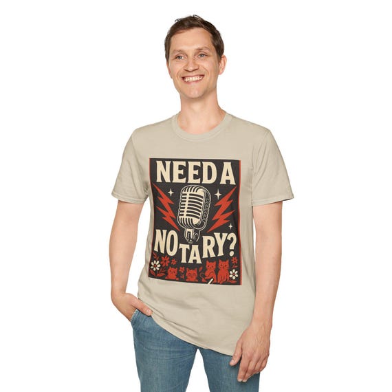 Retro Music-Inspired Unisex Softstyle T-Shirt, Need a Notary Tee, Gift for Musicians, Cute Cat Design, Fun Casual Wear, Music Lover Apparel