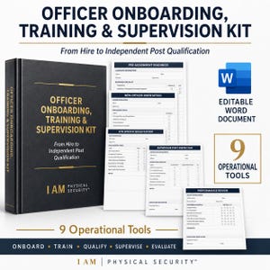 May include: A black binder titled Officer Onboarding, Training & Supervision Kit with gold text. It includes nine operational tools, such as pre-assignment readiness, new-officer orientation, site-specific qualification, and performance review forms.