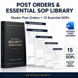 Könnte beinhalten: Ein schwarzer Ordner mit der Aufschrift Site-Ready Security Operations in goldener Schrift, begleitet von einem Stapel weißer Dokumente mit den Titeln Master Post Orders, Access Control, Security Patrol, Incident Escalation und Emergency Response.