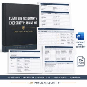 Könnte beinhalten: Ein schwarzer Ordner mit dem Titel Client Site Assessment & Emergency Planning Kit in goldener Schrift und einem Schild-Logo. Er enthält mehrere gedruckte Seiten mit einem Standortbewertungsbogen, Risikoregister und Notfallplan.