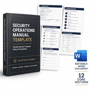 May include: A black Security Operations Manual Template book with white and gold text, accompanied by several white document pages displaying governance, incident response, emergency operations, and quality assurance checklists, plus a Word icon.