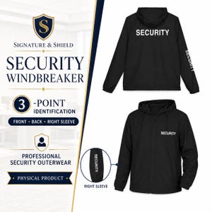 May include: A black windbreaker jacket featuring the word SECURITY printed in white on the left chest, the back, and the right sleeve. The garment includes a hood with drawstrings and a full-length front zipper closure for functional use.