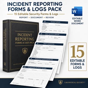 Puede incluir: Un paquete de 15 formularios y registros de informes de incidentes de seguridad editables en formato Microsoft Word. El conjunto incluye un informe de incidentes, informe de actividad diaria, relevo de turno, registro de emergencia y revisión.