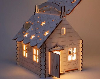 Casa de madeira compensada com recorte de estrela: Caixa de doces de Natal e Páscoa 2 mm (SVG, LBRN2, DXF, AI)