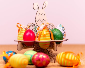 Porta huevos de Pascua de madera contrachapada de abedul: decoración de conejito, capacidad para 8 huevos