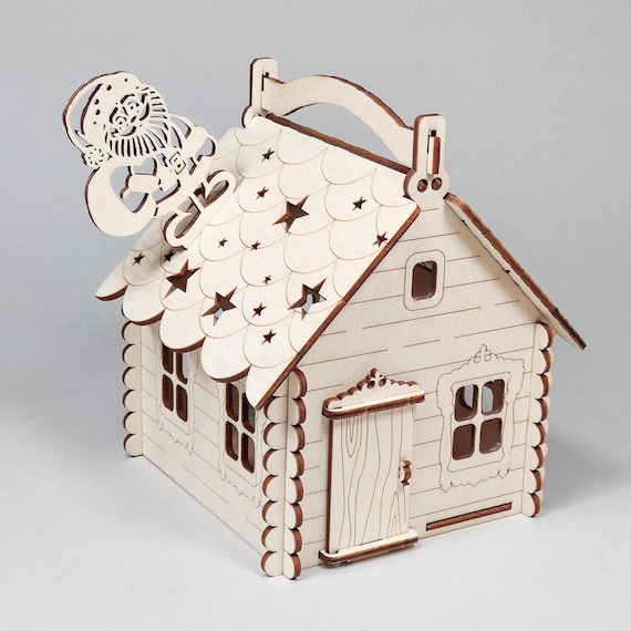Christmas Candy Box: Birch Plywood 3mm House with Star Cutouts (SVG, LBRN2, DXF, AI Formats)