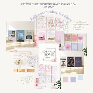 Pu&ograve; includere: Un'esposizione di varie stampe senza cornice, tra cui poster, download digitali, stampe incorniciate e tele. L'immagine mostra una variet&agrave; di stampe artistiche con citazioni ispiratrici e disegni floreali. Il testo sull'immagine recita: "THIS PRINT COMES UNFRAMED".