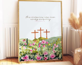 Stampa artistica con versetto biblico "Lamentazioni 3:23" e motivi floreali, decorazione cristiana per la casa.