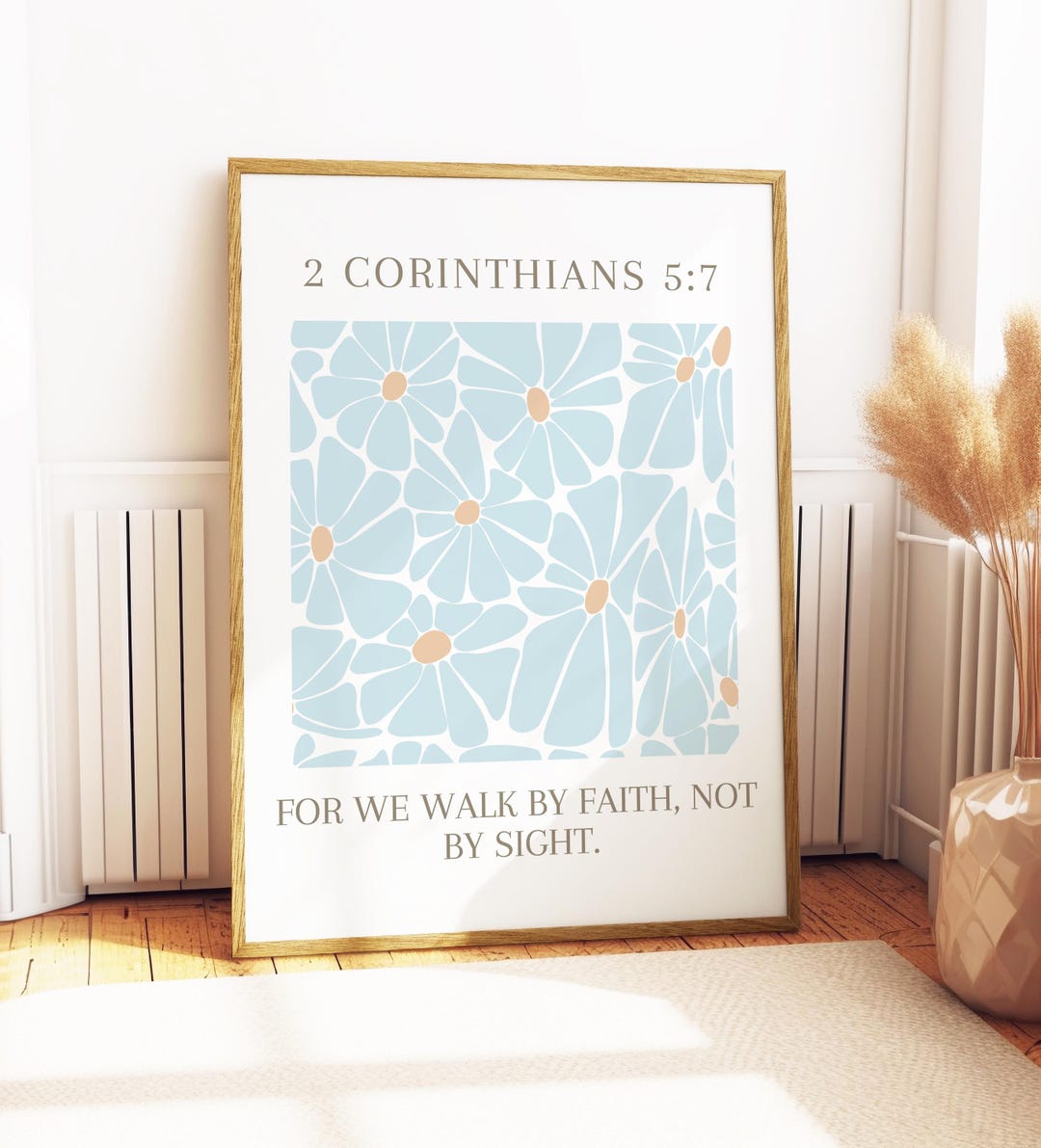 2 Corinthians 5:7 Floral Print, Printed and Shipped, Boho Light Blue Modern Trendy Christian ...