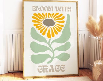 Bloom with Grace Floral Scripture Art Print, Digital download, Beige Green Yellow Christian Home Decor Poster Indie Boho, beige yellow green