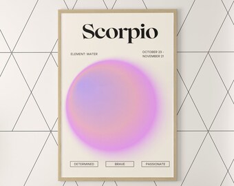 May include: A framed poster with the word "Scorpio" in black text, featuring a gradient pink and purple orb. The poster is above a white sofa with yellow and white patterned pillows. A glass coffee table and a light blue throw blanket are also visible.