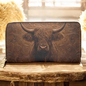 Highland Cow Zipper Wallet, Highland Cow Clutch, Cute Brown Vegan Leather Coin Purse, Western Cow Design, Tooled Leather Bag, Cow Lover Gift