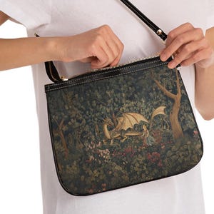 Petit sac à main dragon et princesse, sac en similicuir avec tapisserie imprimée, sac à main à bandoulière médiéval fantaisie, sac à main en cuir végétalien double face
