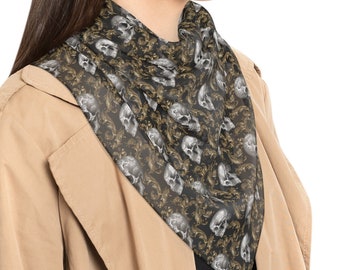 Gothic Poly Scarf! Elegant Scrolls and Skull Scarf - Soft Poly Voile or Chiffon - Two Sizes - Chic and Edgy Accessory for Any Occasion