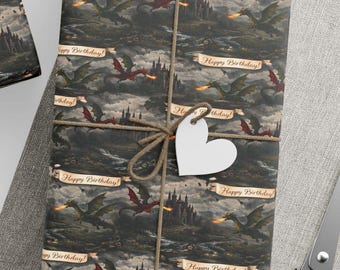 Dragon Birthday Wrapping Paper, Dark Fantasy Gift Wrap.  Happy Birthday Paper.  Dragon Lover Gift, Cool Present Decor, Gothic Gift Giving
