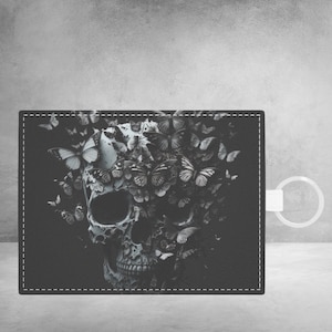 Porta-cartões de visita com caveira. Porta-cartões em couro Saffiano. Porta-cartões em couro sintético. Minimalista gótico. Carteira com chaveiro.